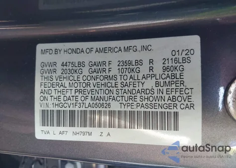 2020 Honda Accord Sport from USA, damaged, VIN 1HGCV1F37LA050626